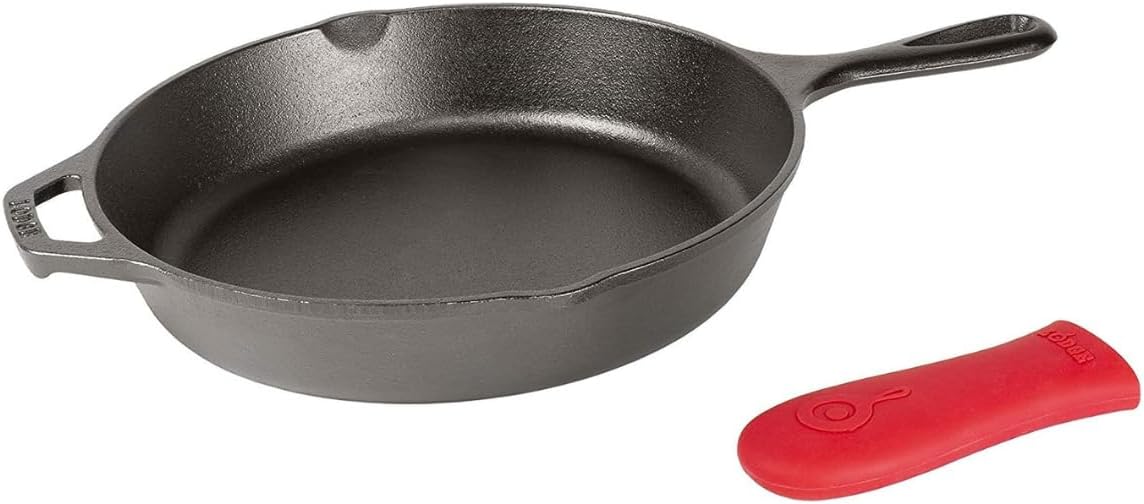 Lodge 10.25-inch Cast Iron Skillet with Red Silicone Handle Holder, Ma