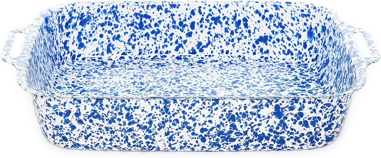 Enamelware Lasagna Pan, Blue and White Splatter, Measuring 15 by 9.5 I