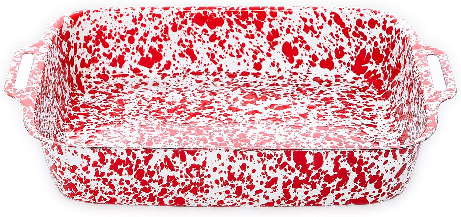 Red and White Enamelware Lasagna Pan, 15 x 9.5 Inch Baking Cookware