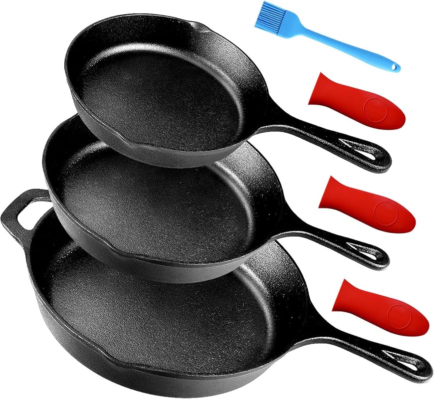 Pre-Seasoned 3-Piece Cast Iron Pan Set: 6, 8, 10-inch Skillets with Si