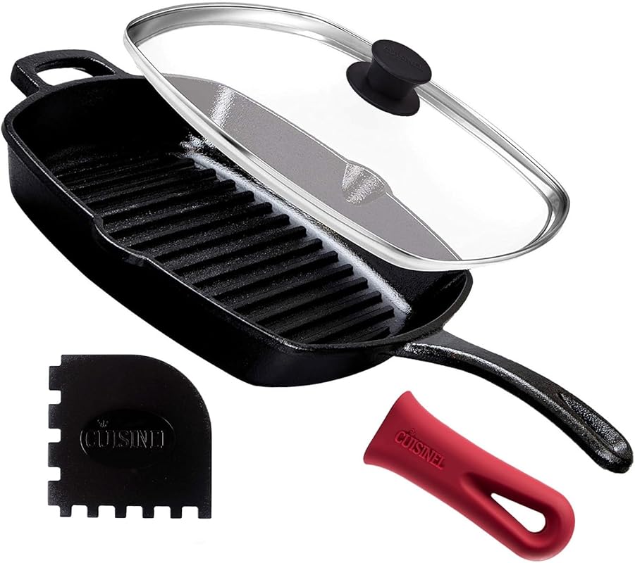 Cuisinel 10.5 Pre-Seasoned Cast Iron Square Grill Pan, Glass Lid, Scr