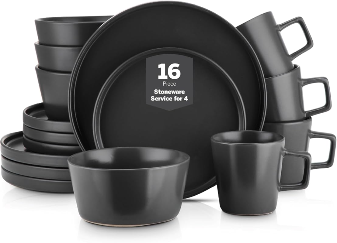 Stone Lain Celina 16-Piece Stoneware Dinnerware Set with Black Matte P