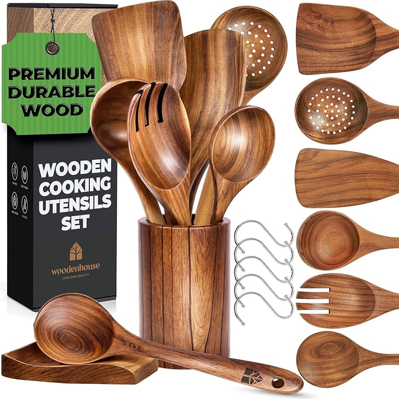 Natural Teak Wooden Utensil Set, 8-Piece, for Nonstick Cookware: Spatu