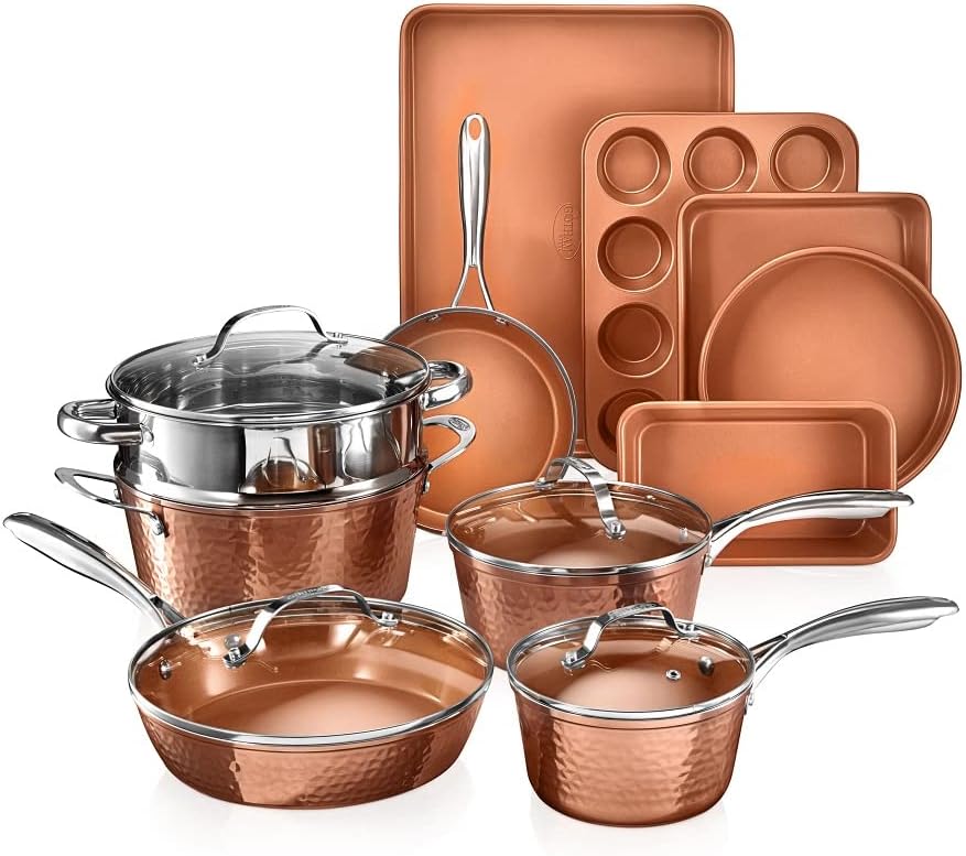 Gotham Steel Hammered 15 Pc Ceramic Cookware Set Nonstick, Deep Copper
