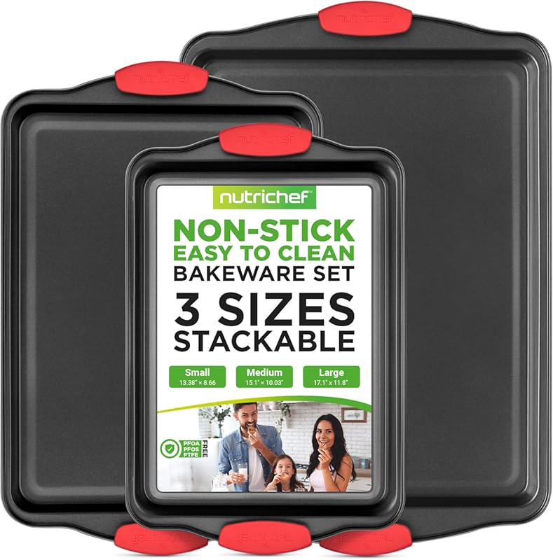 NutriChef 3-Piece Nonstick Steel Baking Pans for Kitchen Oven with Red