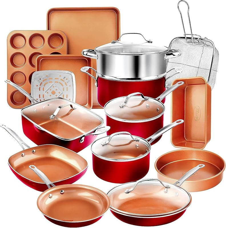 Gotham Steel Red Nonstick Ceramic Cookware and Bakeware Set, Oven and 