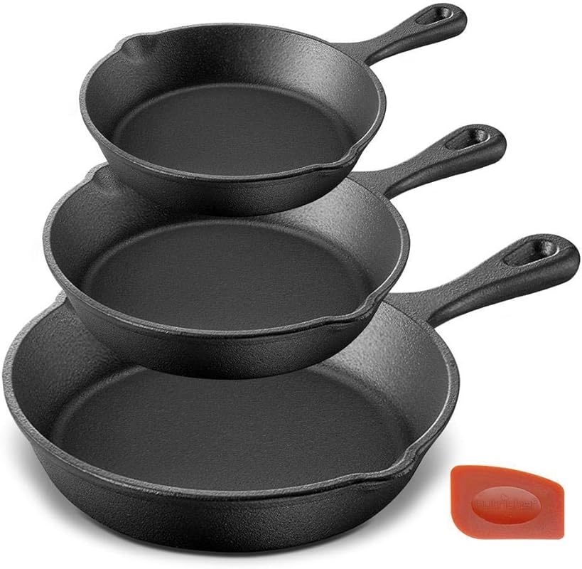 NutriChef Pre-Seasoned 3-Piece Cast Iron Skillets Cookware Set with Sc