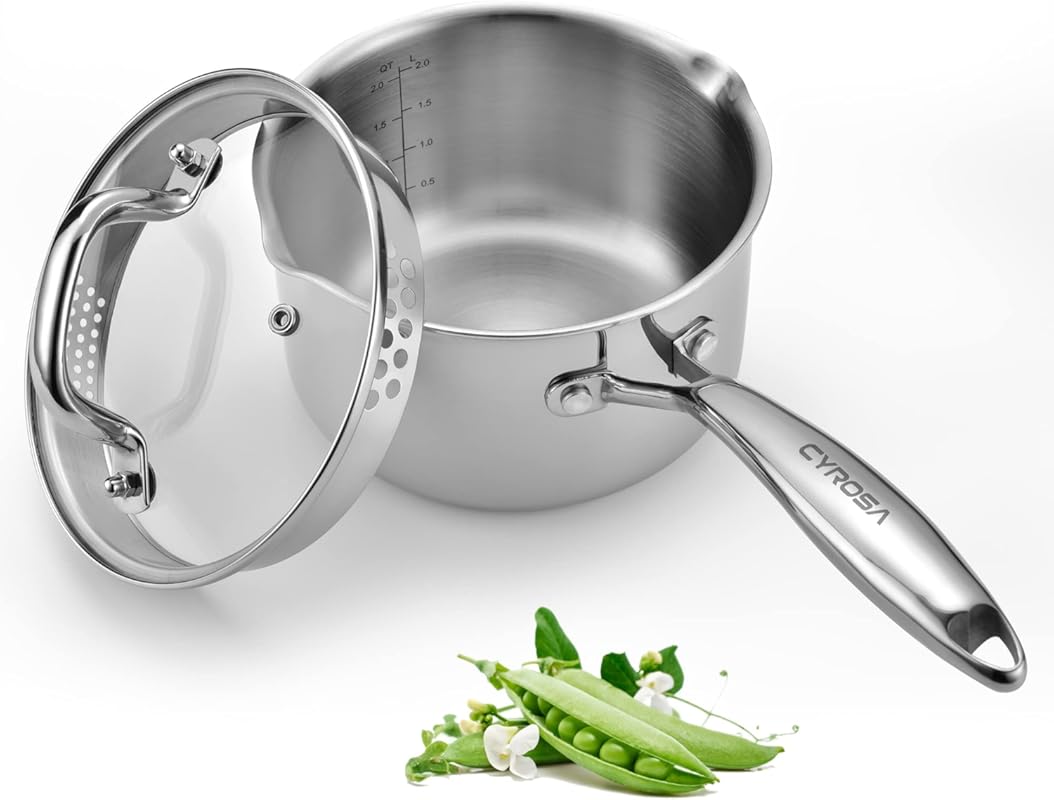 2 Quart Stainless Steel Saucepan, Glass Lid, Ergonomic Handle, and Eas