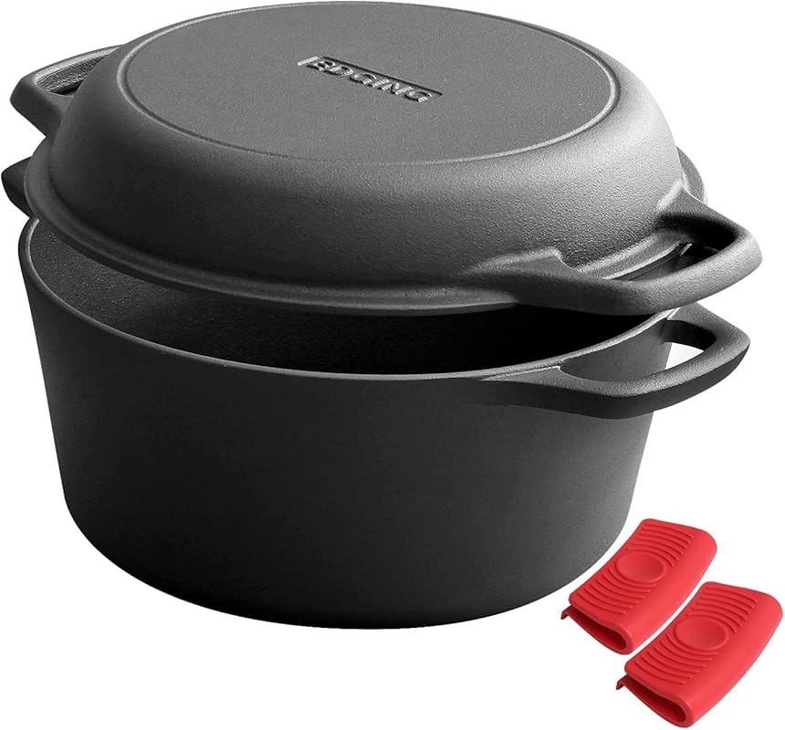Pre-Seasoned 5 Qt Cast Iron Dutch Oven with Skillet Lid and Dual Handl