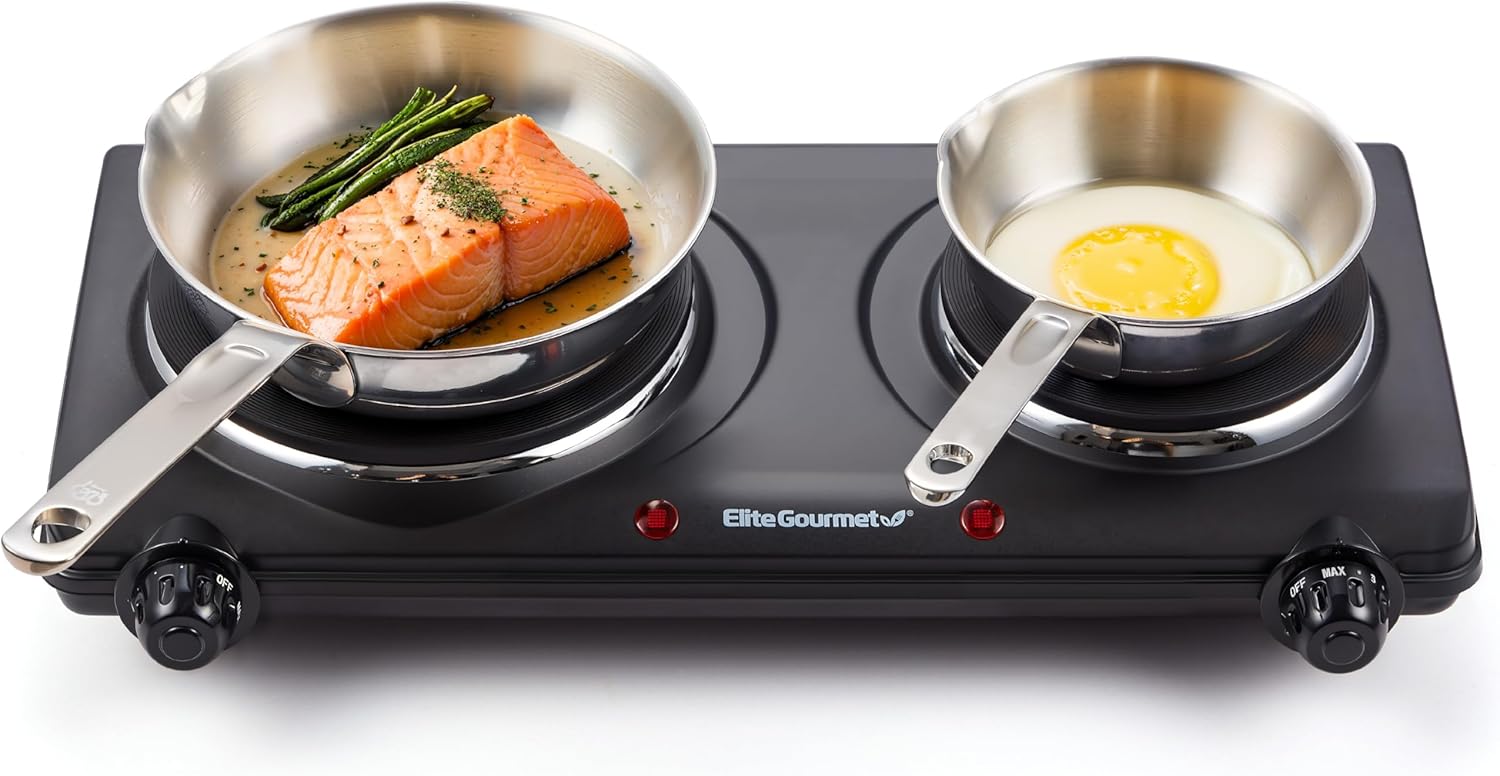 Elite Gourmet Countertop Double Electric Hot Plate, Cast Iron Burners,