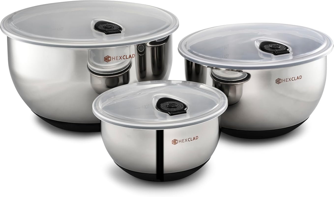 HexClad 3-Piece Stainless Steel Mixing Bowls with Vacuum Seal Lids and