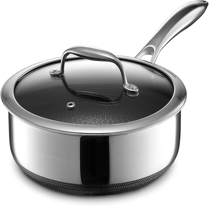 HexClad Hybrid Nonstick 3-Quart Saucepan with Tempered Glass Lid, Stay