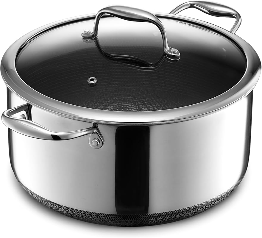 HexClad Hybrid Nonstick 8-Quart Stockpot with Tempered Glass Lid and S
