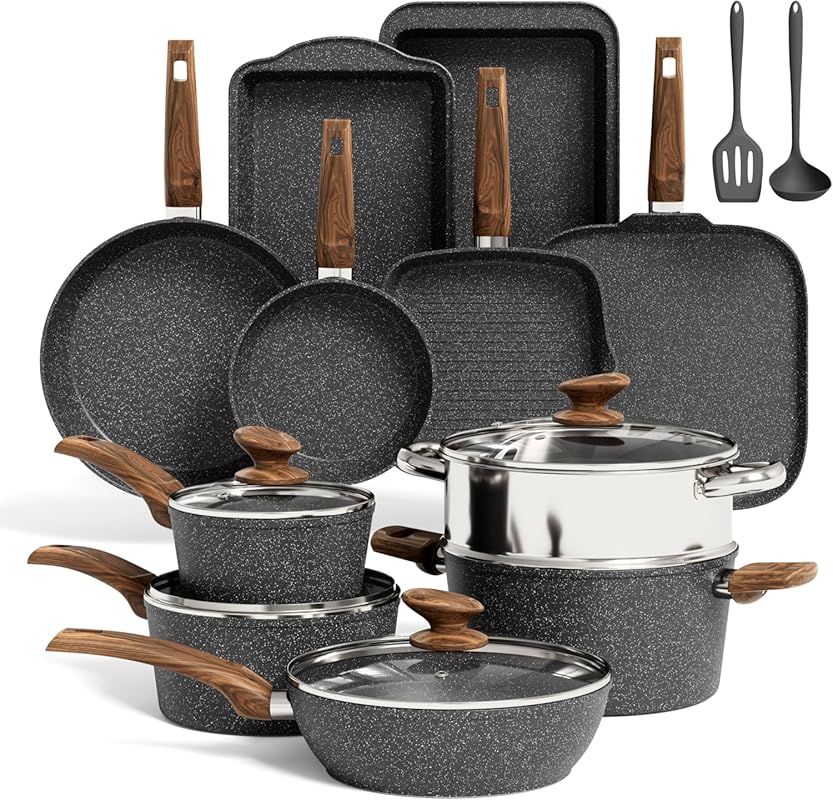 17-Piece Non-stick Induction Cookware Set with Black Granite Pots, Ide