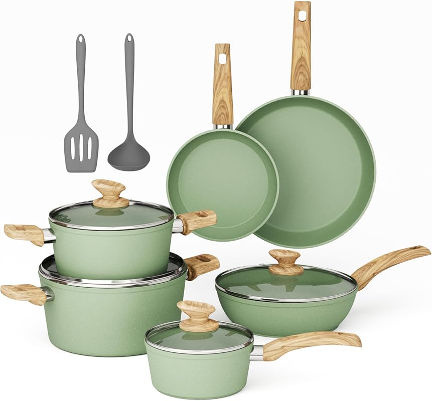 12-Piece Nonstick Green Granite Cookware Set with Induction Compatible