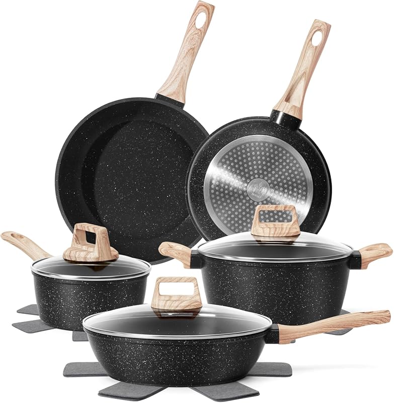 Healthy 12-Piece Black Granite Nonstick Pots and Pans Set for Inductio