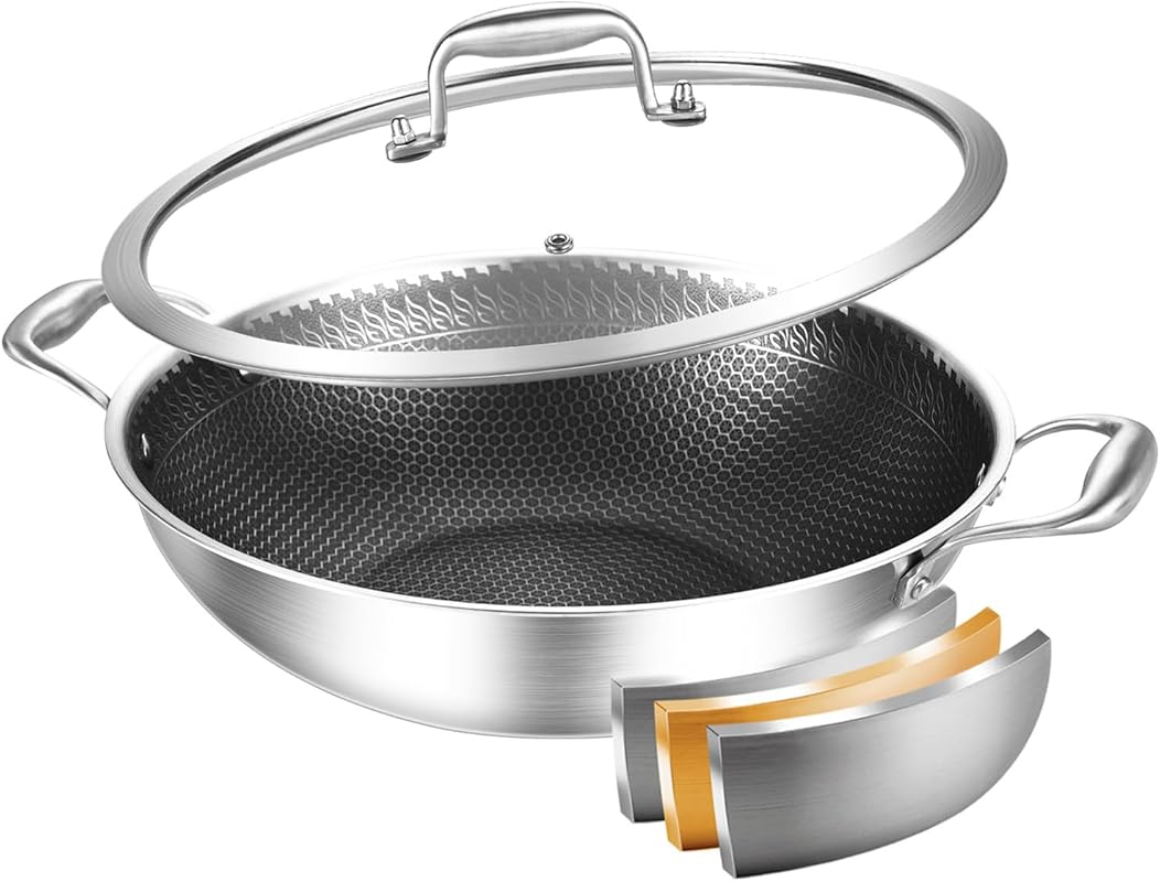 DELARLO Wok Pan With Lid 12 Inch Non stick wok,Oven Safe Up to 600℉,Wo