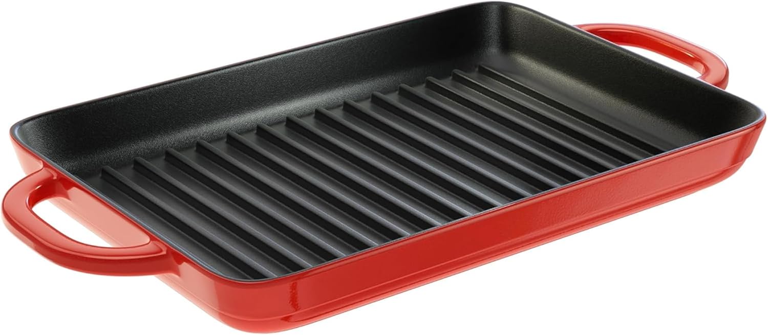 Lodge Red Enamel Cast Iron Grill Pan with Dual Handles for Versatile C