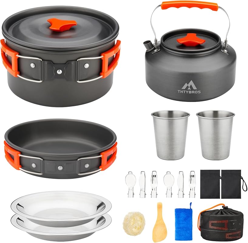 Complete Camping Cookware Set with Pot, Pan, Kettle, and Stainless Ste