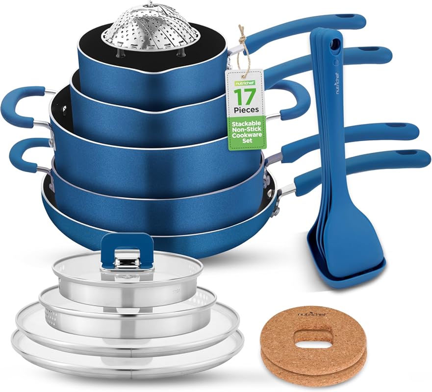 NutriChef 17pcs Blue Stackable Pots and Pans Set, Nonstick Induction C