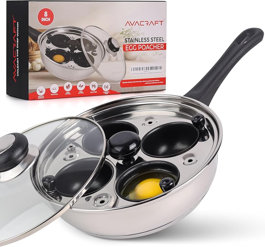 Stainless Steel Egg Poaching Pan and Cooker for Perfect Poached Eggs, 