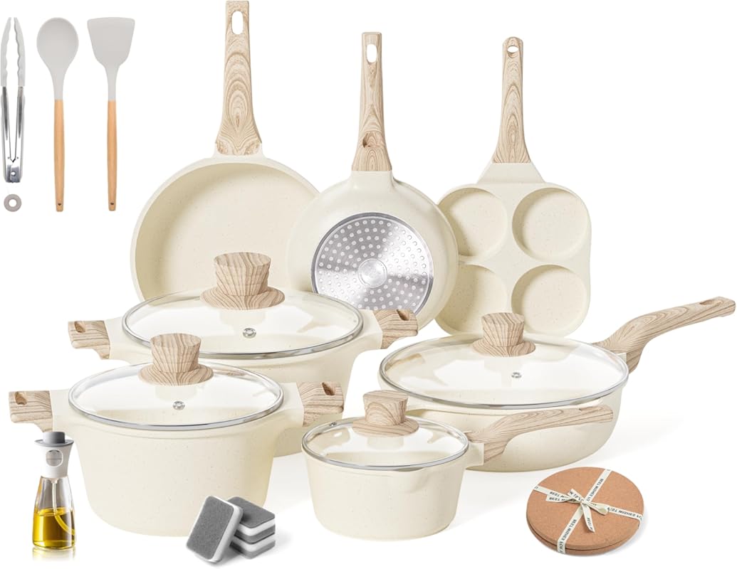 White Granite Nonstick Induction Cookware Set, Non-Toxic Pots and Pans