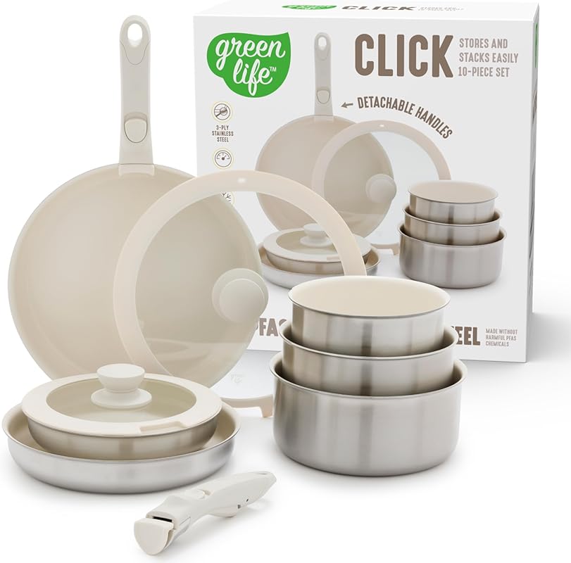 GreenLife 10-Piece Stainless Steel Nonstick Cookware Set: Tri-Ply Cera