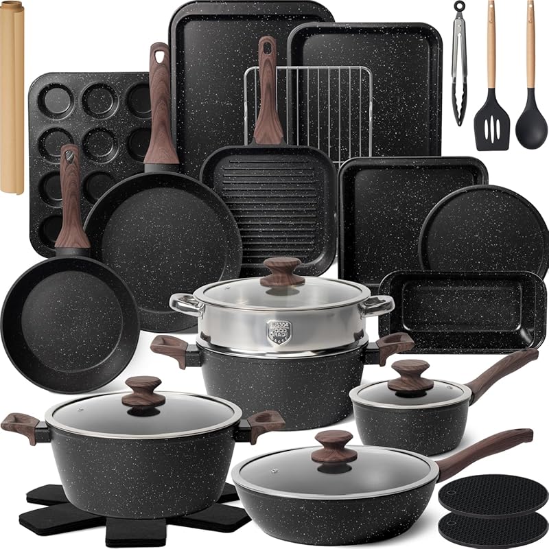 Kikcoin Black 31-Piece Nonstick Cookware Set: Complete Pots and Pans f