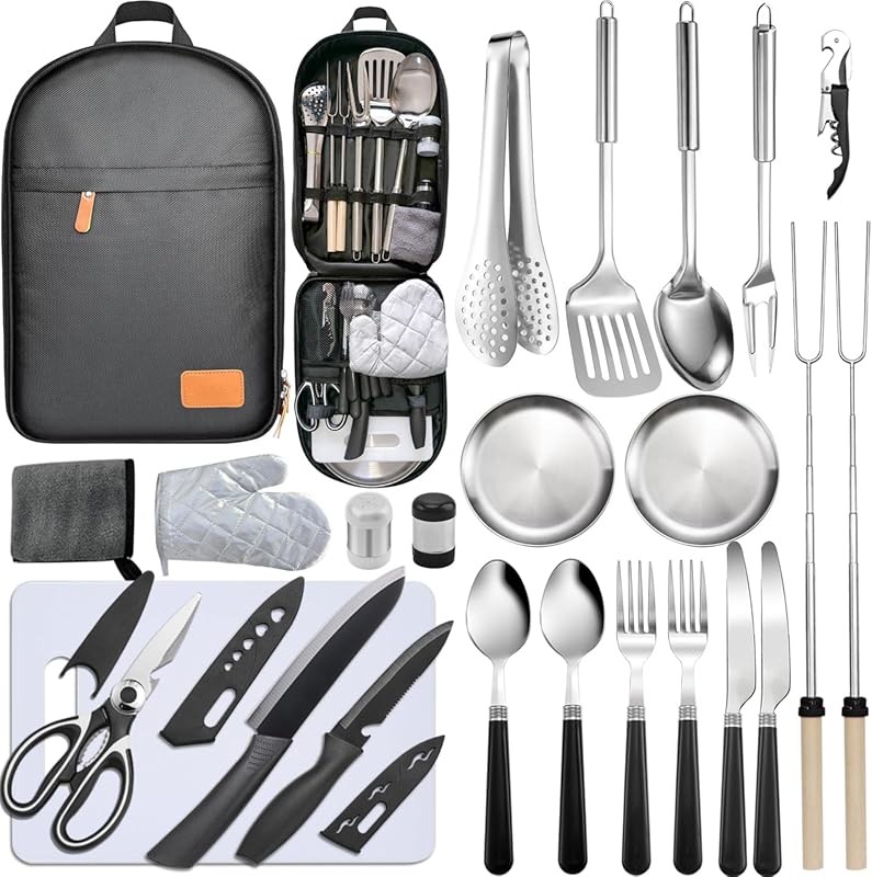Stainless Steel & Silicone Camping Utensils Set for Outdoor Cooking & 
