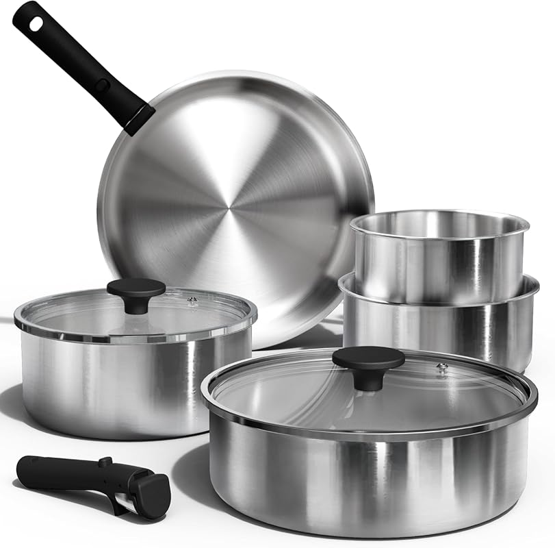CAROTE 9-Piece Stainless Steel Cookware Set with Detachable Handles, I