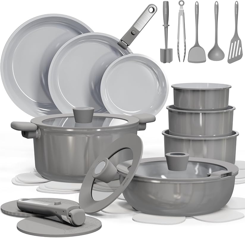CAROTE Non-Toxic Nonstick Ceramic Cookware Set with Detachable Handles