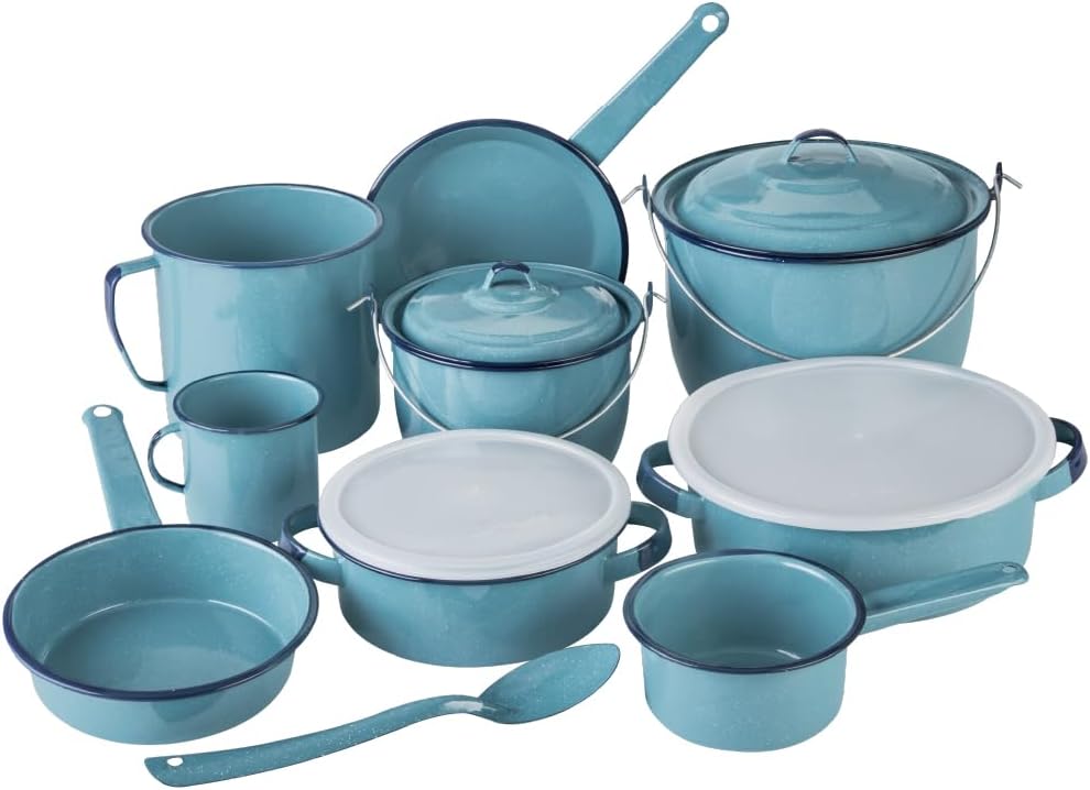 Cinsa 14-Piece Enamel on Steel Cookware Set for Gas, Electric Stoves, 