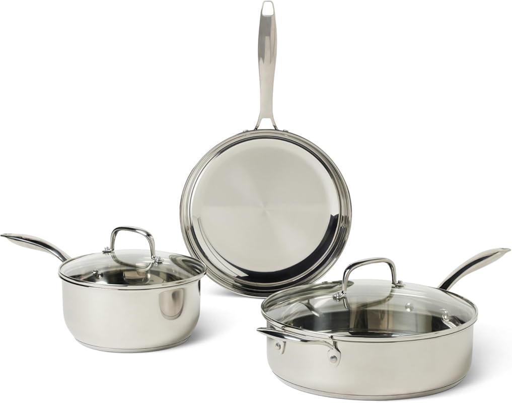 Amazon Basics Stainless Steel Cookware Set, 5-Piece Set, All Cooktop F