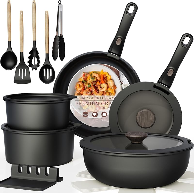 Versatile Stackable Ceramic Non-Stick Cookware Set with Detachable Han
