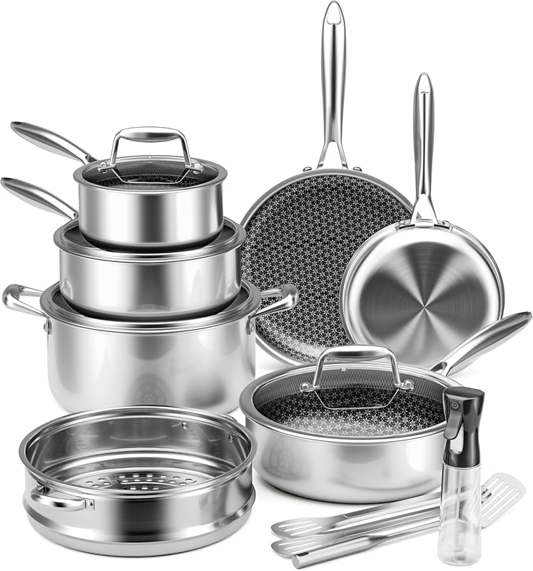VONIKI Tri-Ply Stainless Steel Non-Stick Non-Toxic Cookware Set for Gl