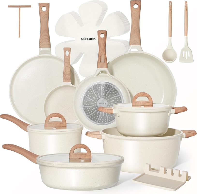 Best Healthy Non-Stick Ceramic Cookware Set in Cream White Granite, In