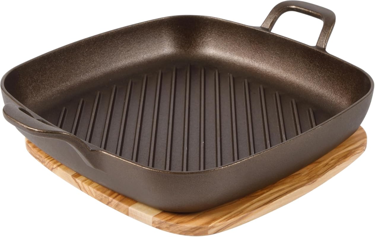 12-inch Square Cast Iron Grill Pan, Dual Handles, Olive Wood Trivet, O