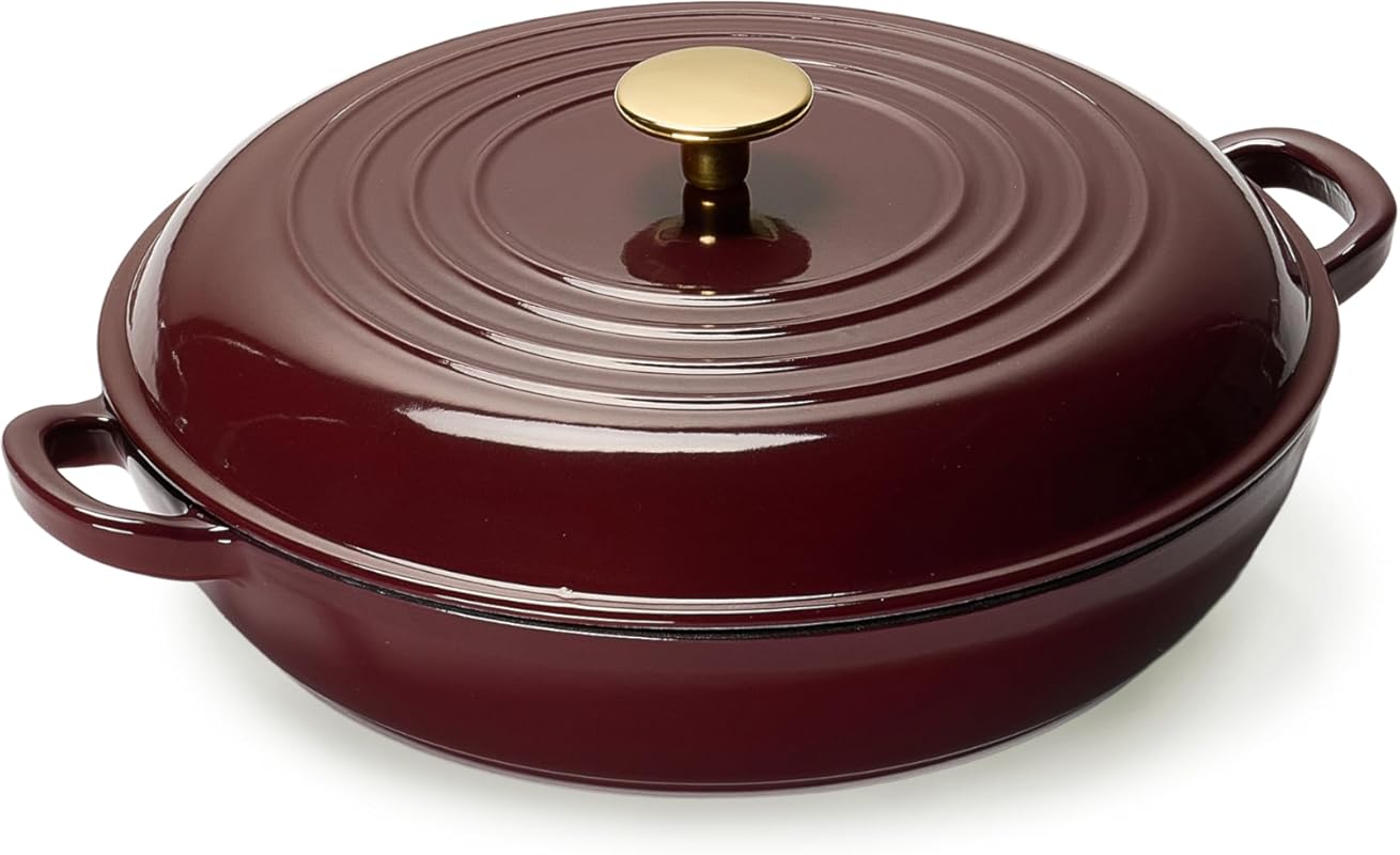 CAROTE 3.5 Quart Enameled Cast Iron Braiser Pan, Shallow Dutch Oven wi