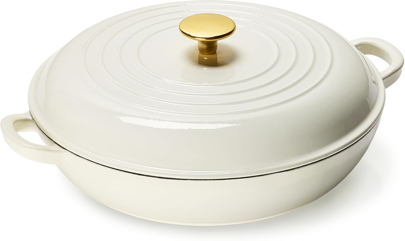 CAROTE 3.5QT White Enameled Cast Iron Braiser Pan, Shallow Dutch Oven 