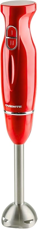 The OVENTE 300W Red Electric Immersion Hand Blender with Stainless Ste