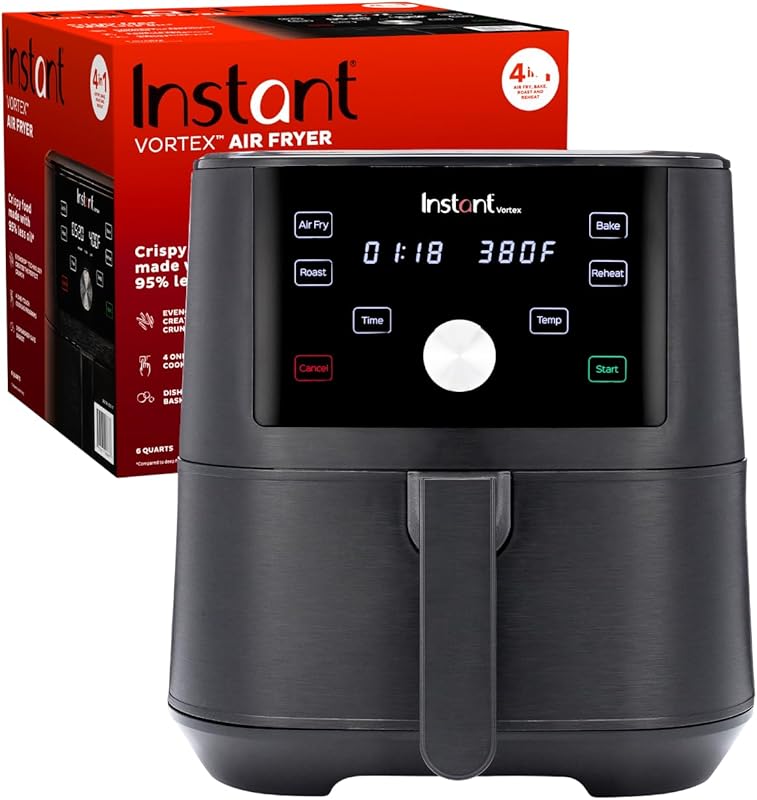 Instant Pot Vortex 6QT XL Air Fryer: 4-in-1 Functions for Quick Meals, Dishwasher-Safe, Black