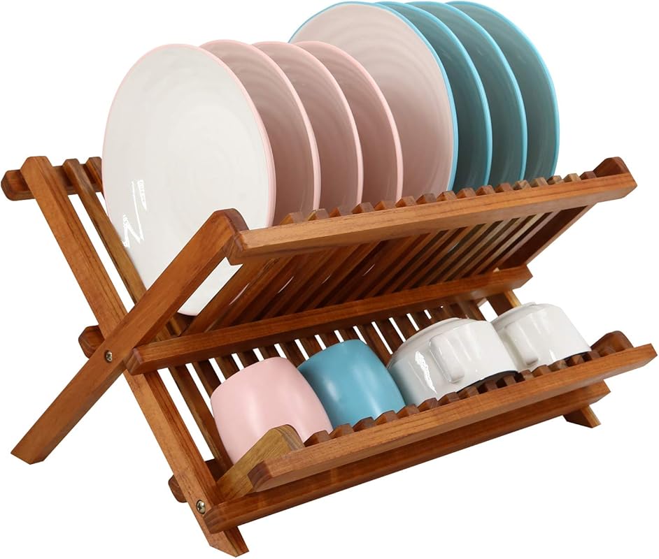 Collapsible 2-Tier Teak Dish Drying Rack