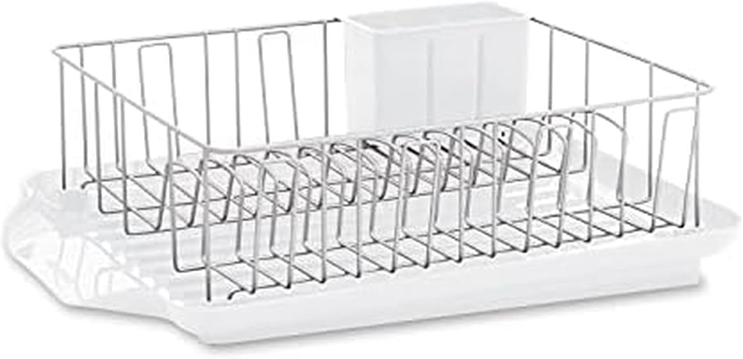 A 3-Piece Rust Resistant Dishrack with Removable 3-Compartment Flatware Caddy and Angled Drain Board
