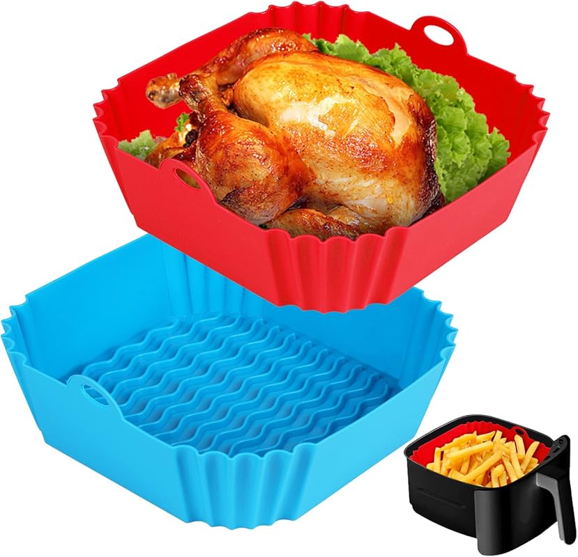 2-Pack Reusable Square 8-Inch Silicone Air Fryer Liners for 4-7 QT Air Fryers (Red + Blue).