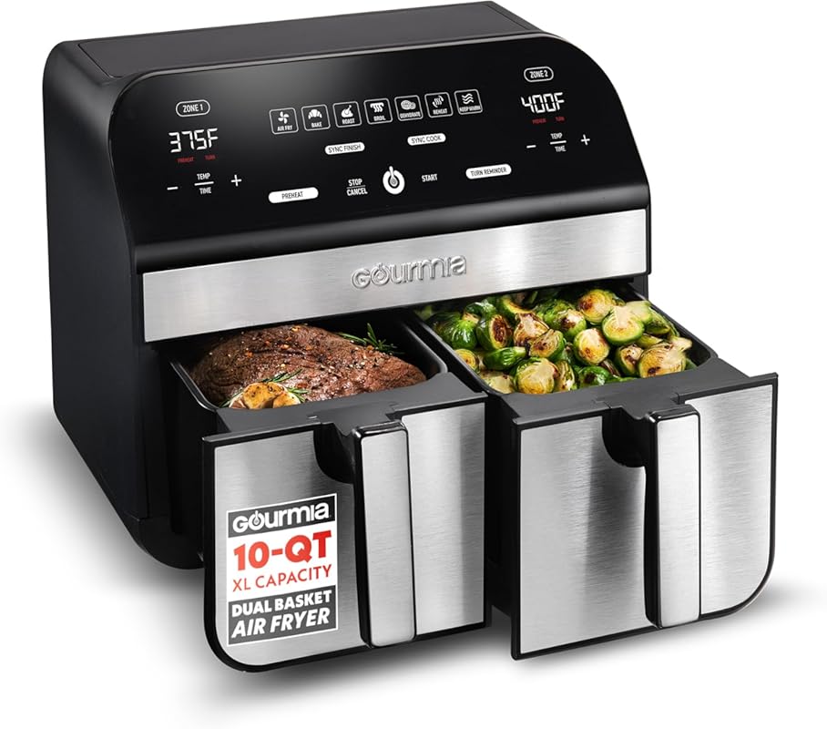 Gourmia Dual Basket Air Fryer: 10 Quart, Digital Display, 7 Presets, M