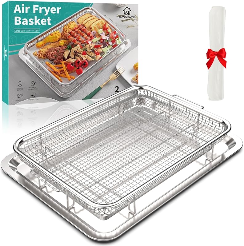 Stainless Steel Large Air Fryer Basket, Tray, and Pan for Oven, with Parchment Papers.