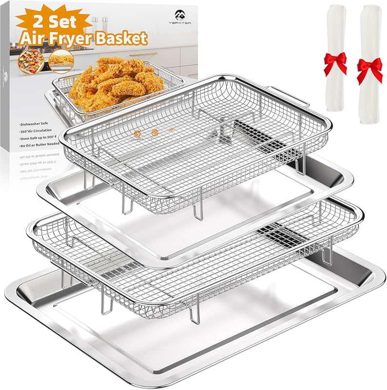Two-Piece Stainless Steel Air Fryer Pan and Crisper Tray Set for Oven with Parchment Papers.