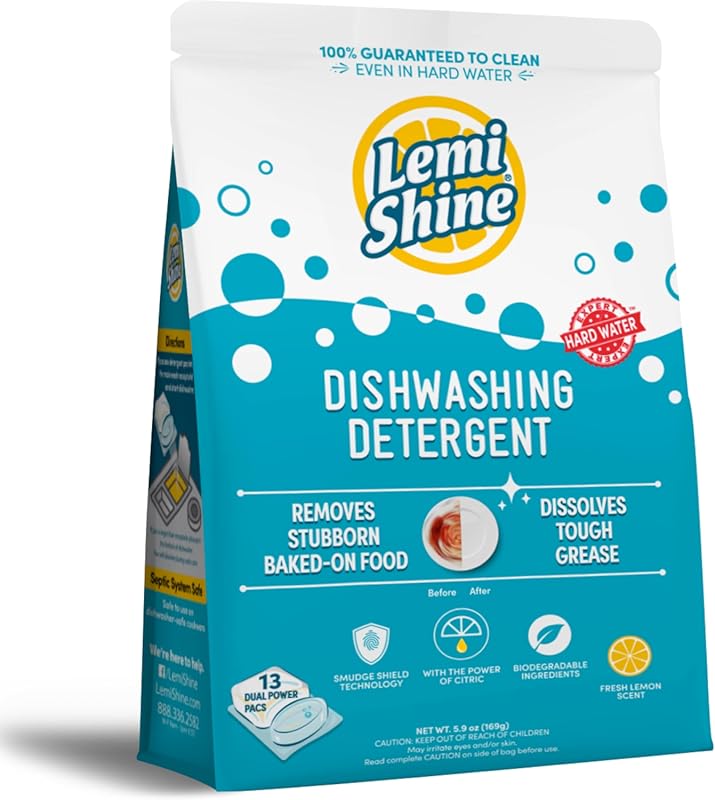 Lemi Shine Natural Dishwasher Pods with Powerful Citric Acid for Sparkling Glasses.