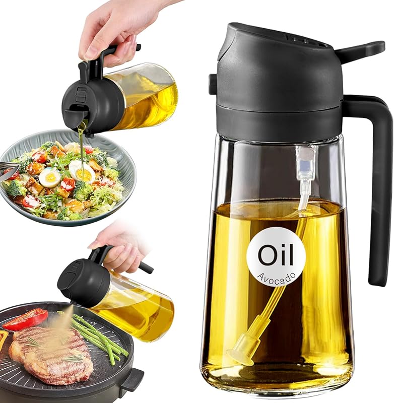16oz Glass Olive Oil Sprayer and Dispenser with Portion Control for Air Fryer Cooking