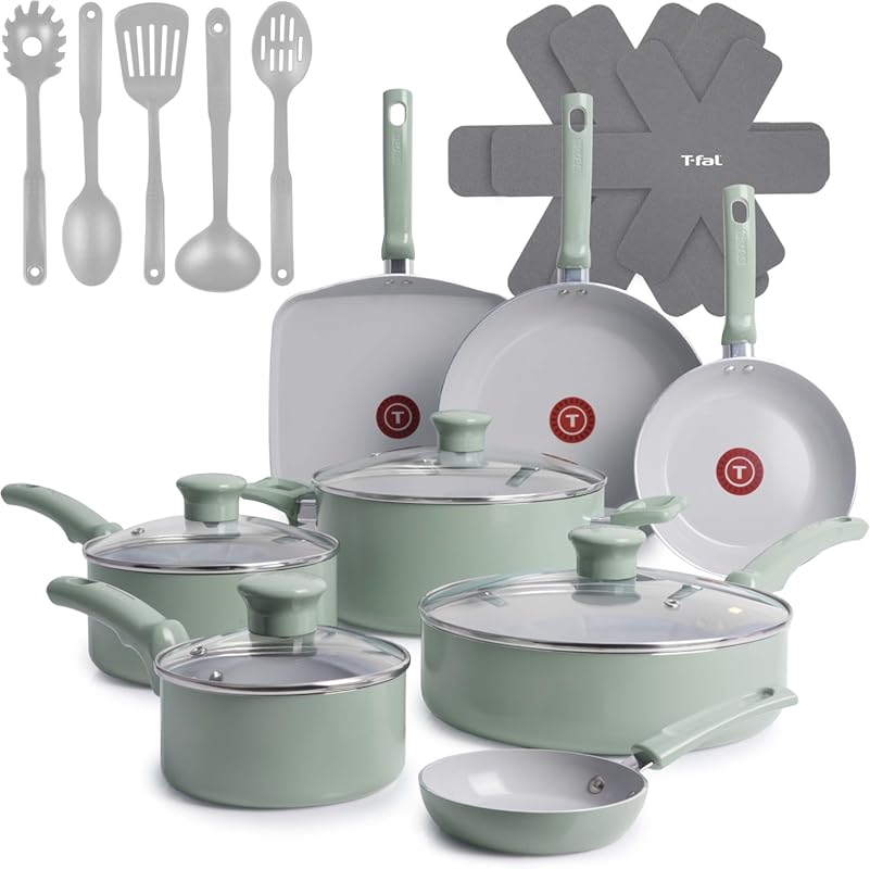 T-Fal Non-Toxic Ceramic Nonstick Pots and Pans Set, Oven Safe, Mint Gr